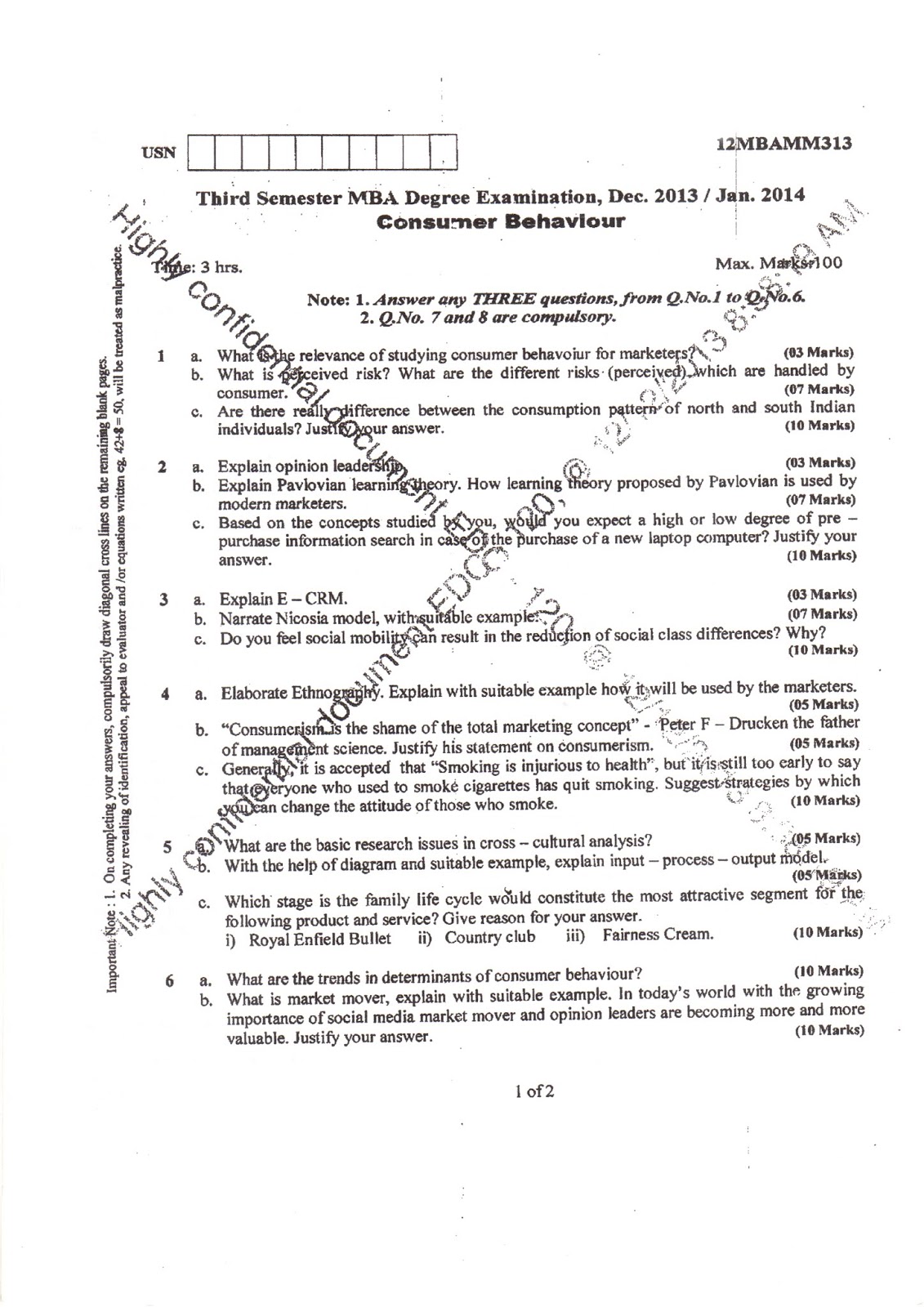 AR VTU MBA E-NOTES: VTU MBA 3rd sem question papers Consumer Behavior
