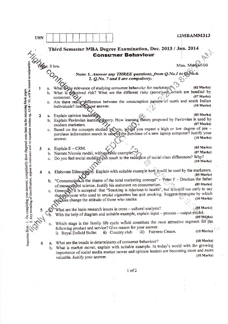 AR VTU MBA E-NOTES: VTU MBA 3rd sem question papers Consumer Behavior