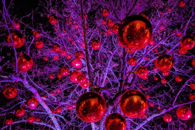Tree decorated with red Christmas ornaments at Schloss Hellbrunn in Salzburg
