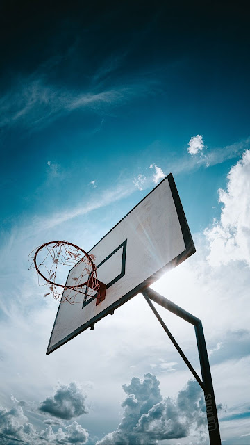 Sun, clouds, basketball hoop, basketball, sports