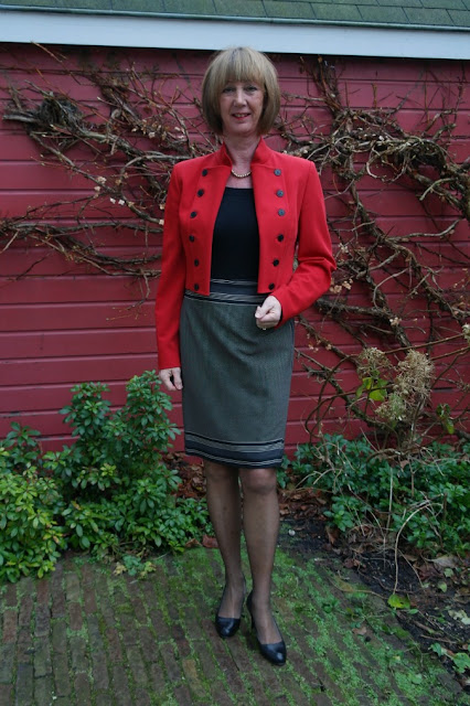 Red short jacket and black & white skirt - No Fear of Fashion