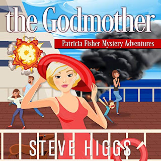 A blonde woman in a red dress and hat stands on a cruise ship. Two dogs stand nearby. In the background, things explode and people run screaming. The Godmother Patricia Fisher Mystery Adventures Audiobook Maryanne Wells Narrator