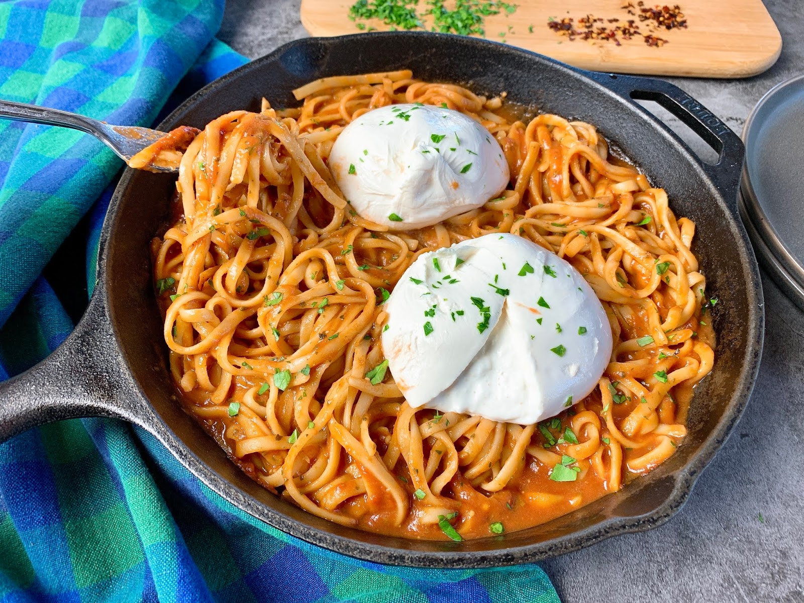 Two Ingredient Pesto Marinara with Linguine and Burrata
