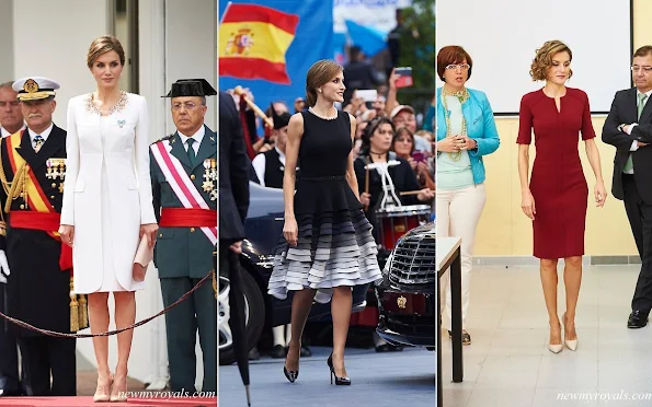 The outfits worn by Queen Letizia of Spain. Queen Letizia owns this style in many different colours and fabrics. Queen Letizia of Spain new style icon. Beethoven Earrings, Letizia S Closet, Royal Jewelry, Royal Style, Spanish Royals, Queen Letizia of Spain wearing dangly Earrings, Bracelets. diamond, necklaces. 