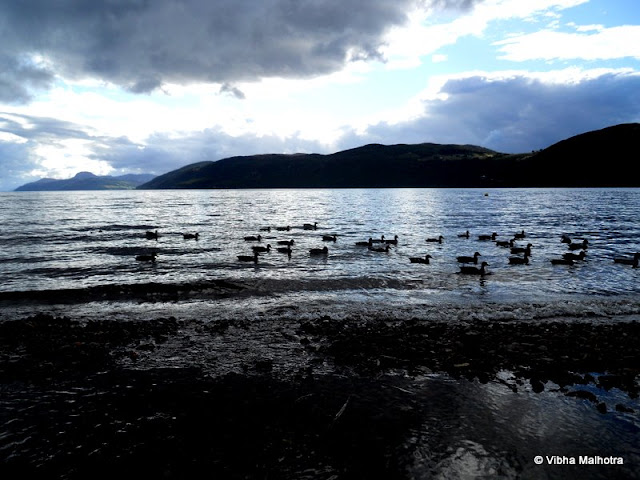 On my solo trip to Scotland, I had the Golden opportunity to visit Loch Ness, the lake that is rumoured to house the legenedary Loch Ness Monster. Loch (Pronounced Lock), in Scottish Gaelic and Irish means Lake. Loch Ness itself is the second largest lake in Scotland after Loch Lomond though it's great depth makes it the one with the maximum volume of water, enough to feed the River Ness. No wonder then that in its depth Nessie (the pet name for the monster) is supposed to be living for ages now. You will always, without fail find this van parked on the beach of Loch Ness. This is Nessie-sery Independent Research, a brain-child of Steve Feltham, who has spent the last 9 years of his life living on the beach of the lake, desparately scouring the waters for any odd sign of the Monster. To sustain himself, Steve, makes and sells Nessie Models and memorablia. Unfortunately, he was out when we visited, else I would have definitely bought something from him. This is a model of Nessie's head stuck in the ground outside Steve's 