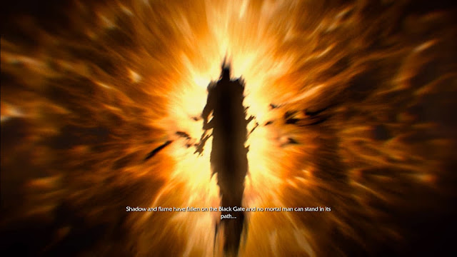 Screenshot of a cutscene featuring Sauron in Shadow of Mordor