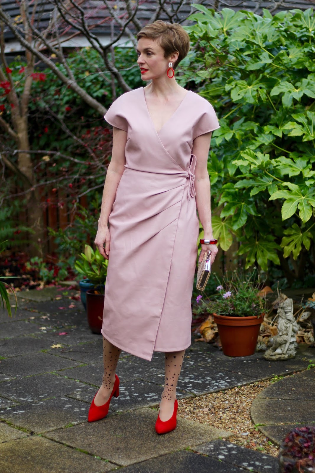 pink dress and red shoes
