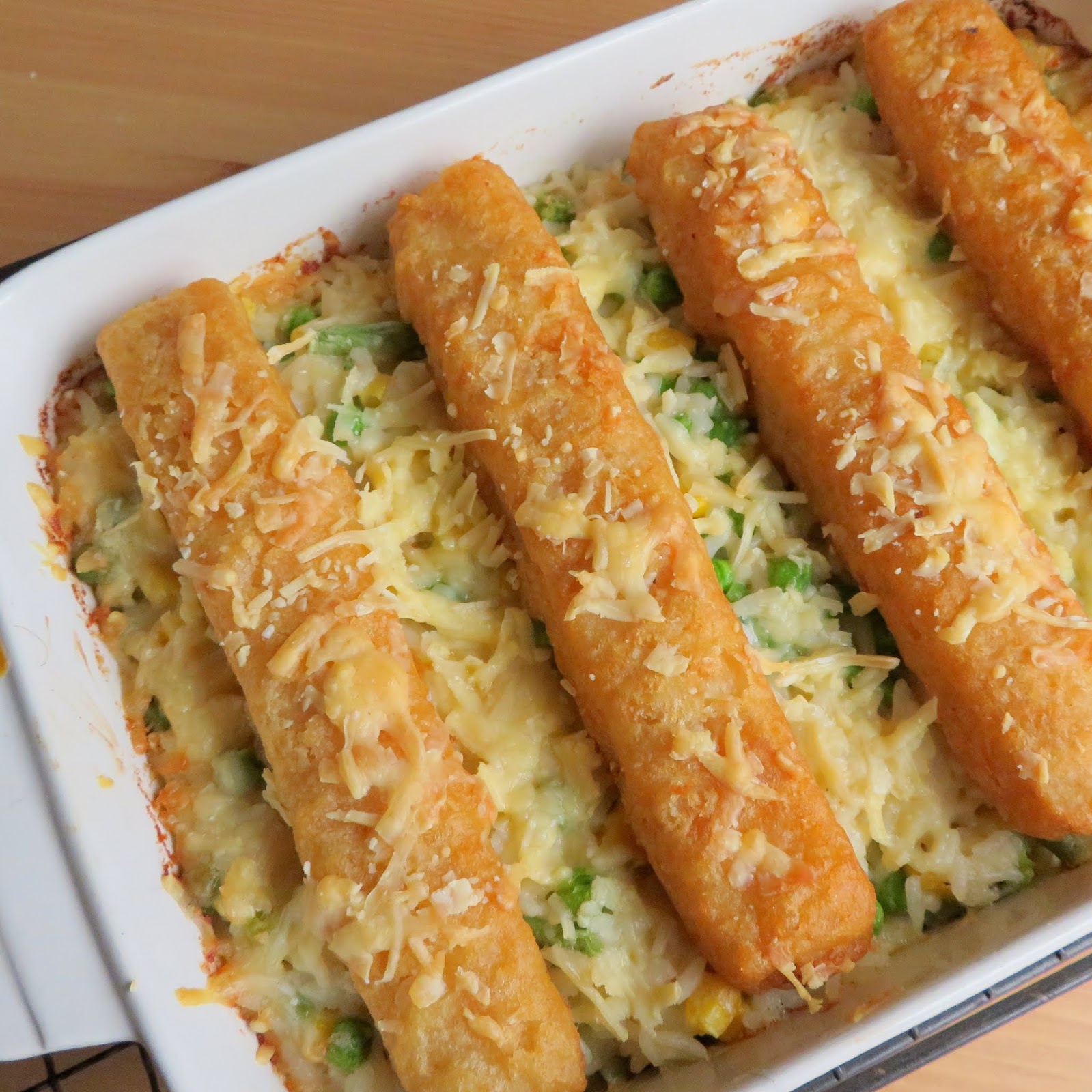 Fish Stick Casserole with Cheesy Vegetable Rice The English Kitchen