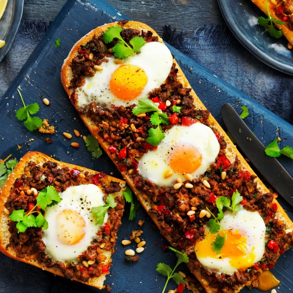 Turkish Bread with Spicy Lamb and Eggs