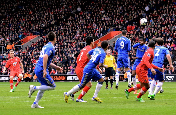Everton player Kevin Mirallas scores the winning goal against Stoke City