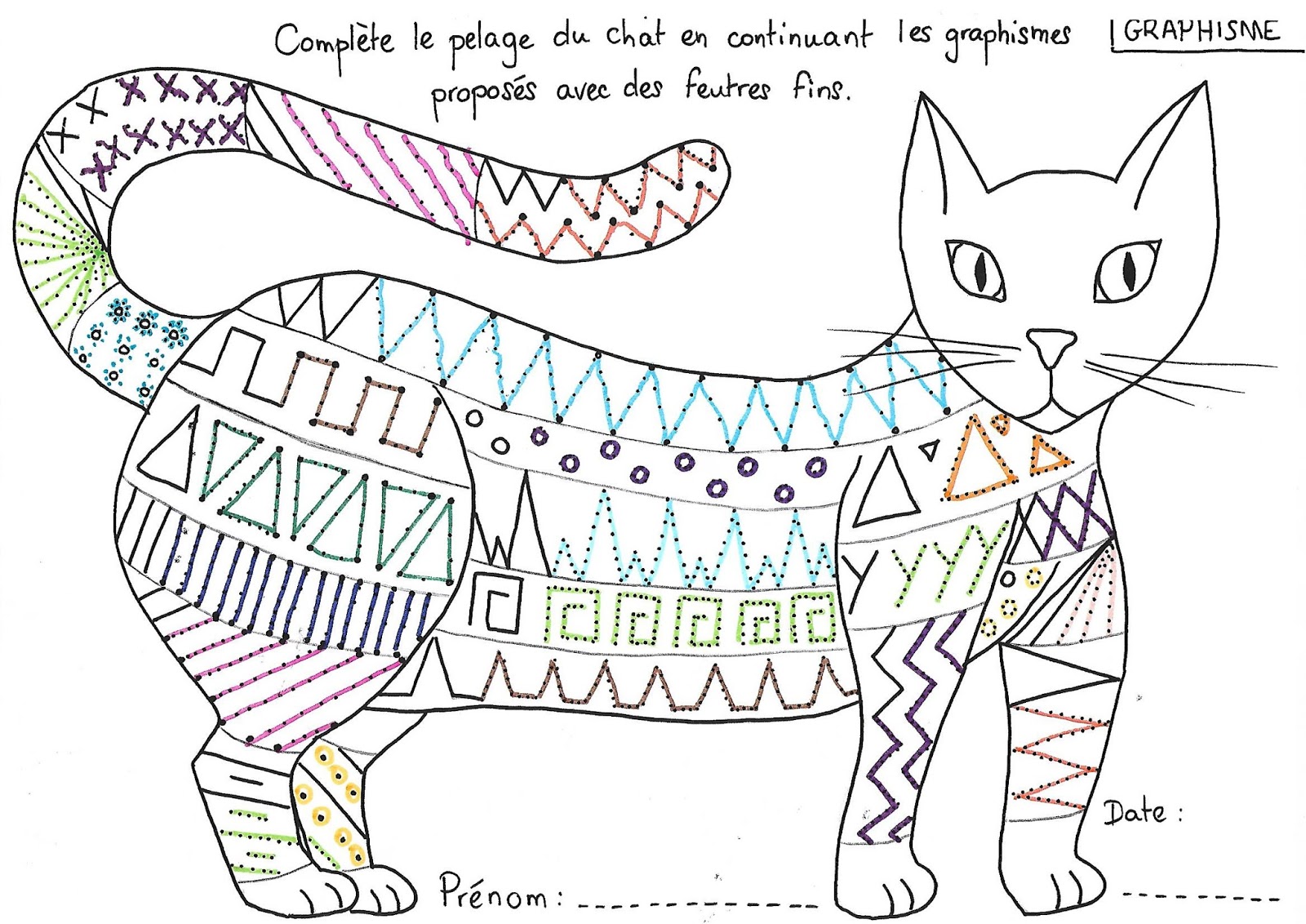 Coloriage Graphisme Decoratifs Page De Garde Maternelle La classe du chat à lunettes: Graphisme décoratif