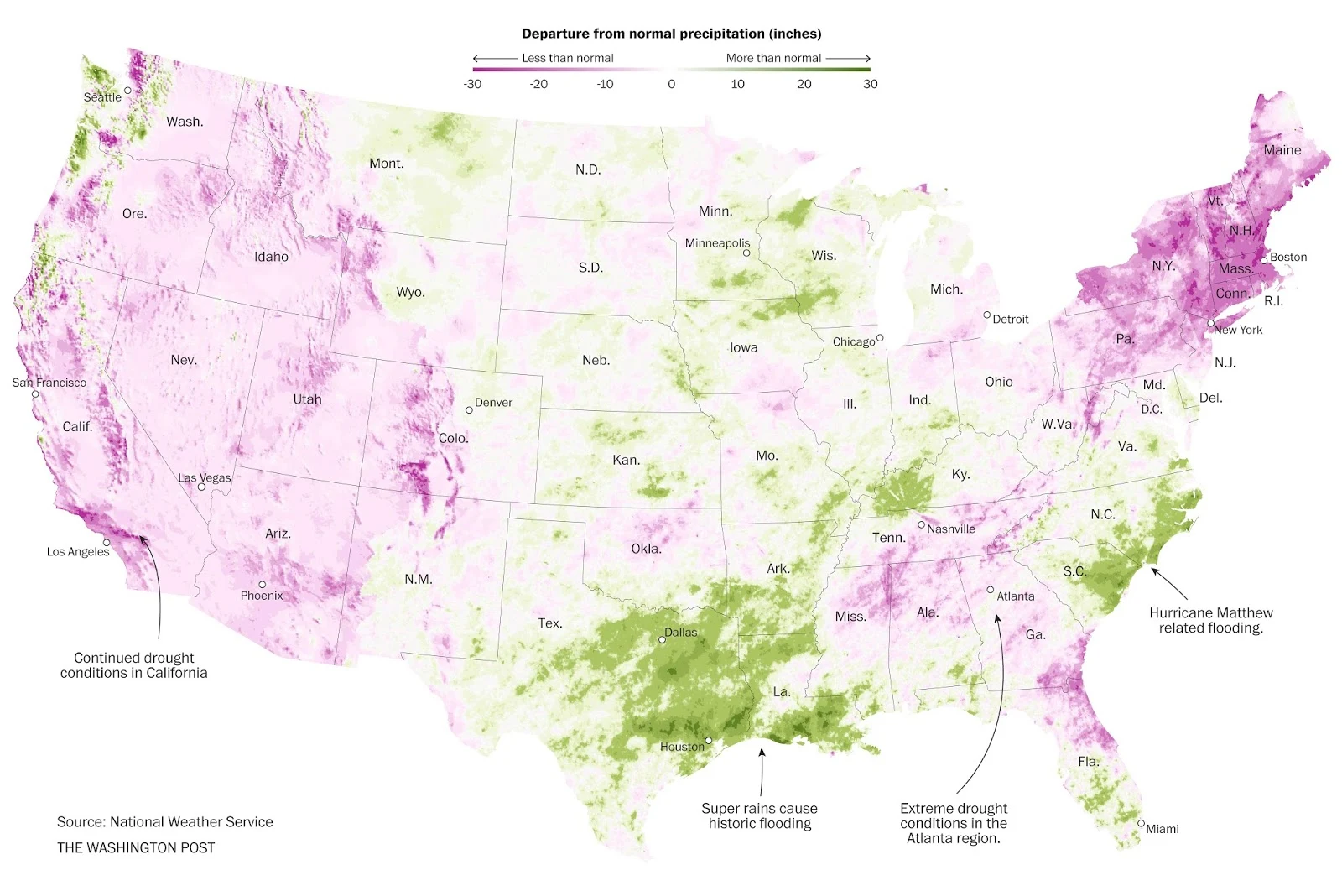 Departure from normal precipitation in the U.S. (2016)