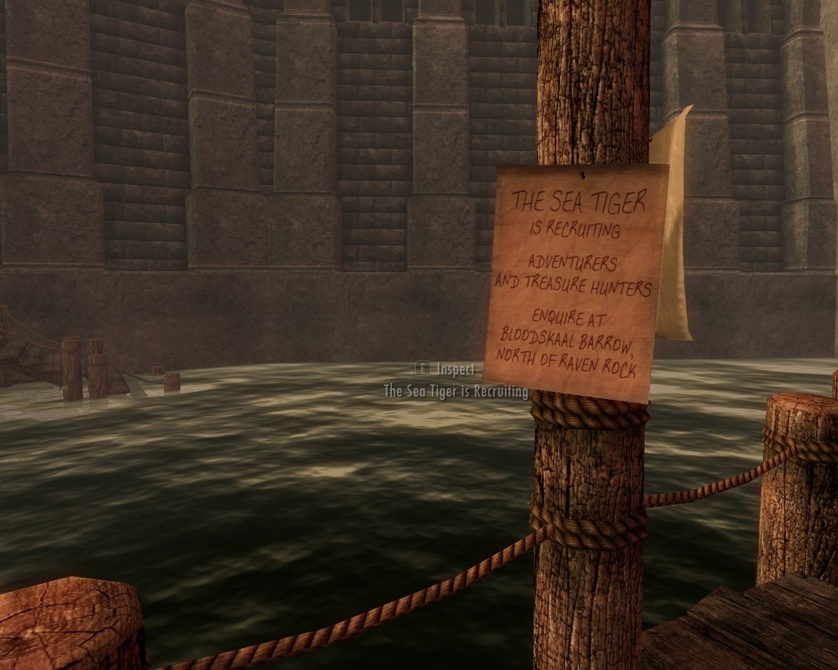 recruiting poster pasted onto a wooden post, dark green water, high stone wall visible ahead