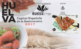 Sobre, PDC, filatelia, matasellos, sello, gastronomía, 2017, capital, Huelva