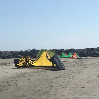 kiteboards on beach in back of Sam’s Chowder House in Half Moon Bay, California