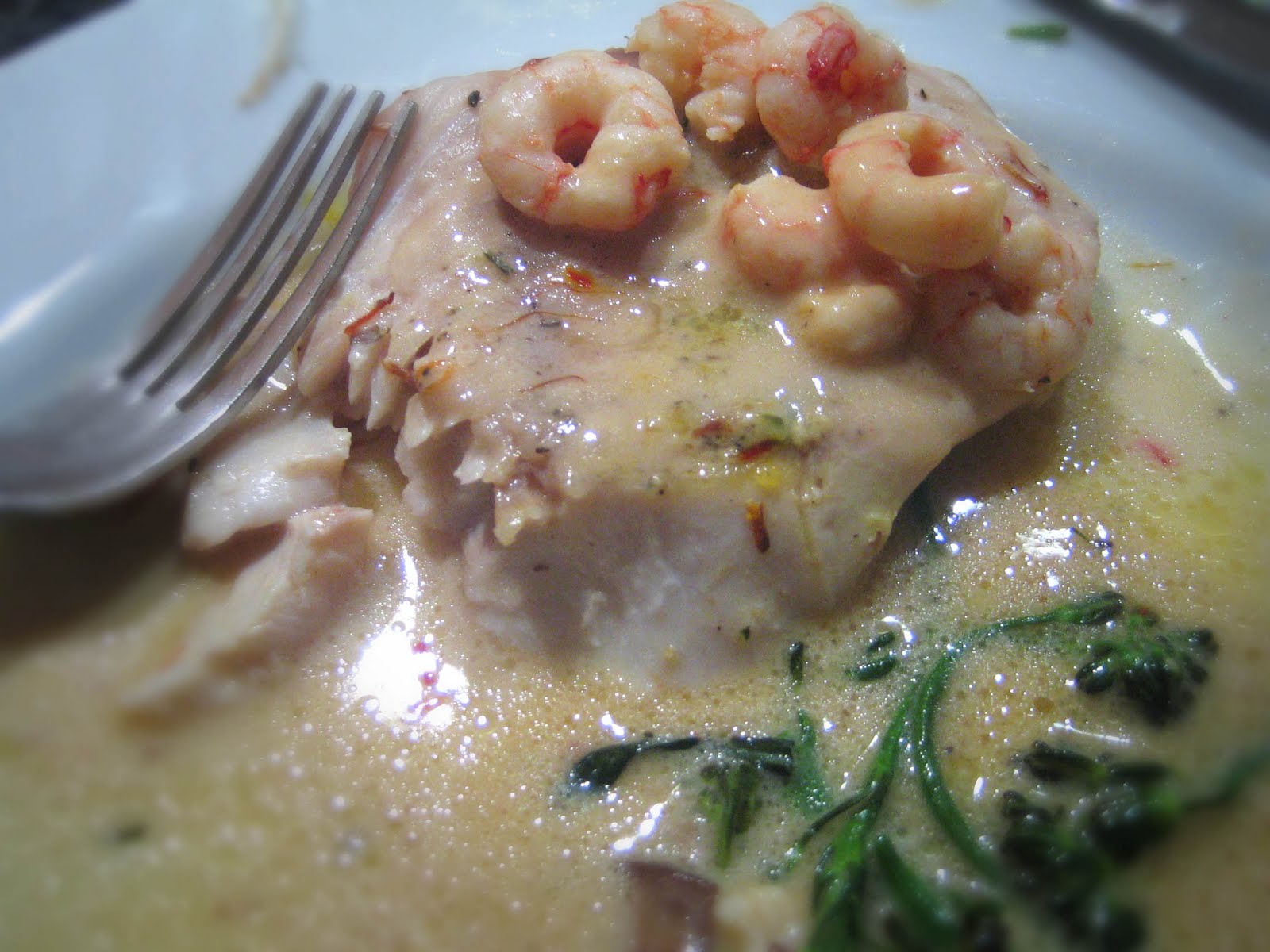 Delicious! Rockfish with white wine and prawn sauce