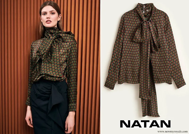 Queen Maxima wore NATAN Narel printed viscose top with geometrical print