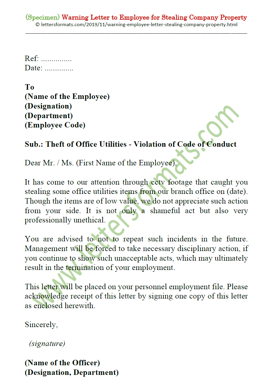 Warning letter to Employee for Theft/Stealing Company property