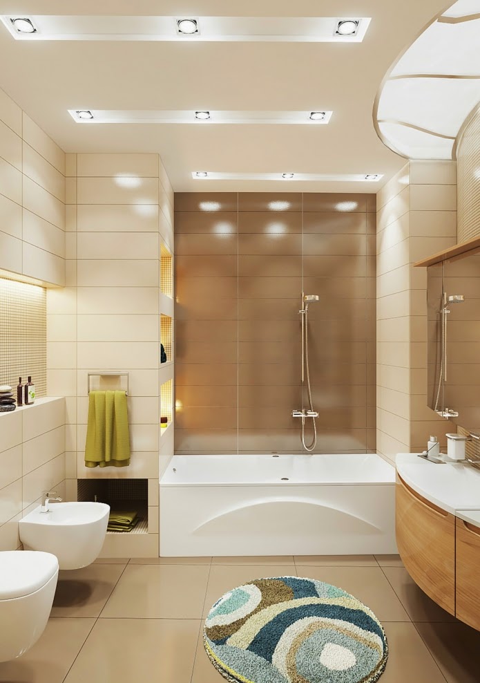 Elegant small bathroom  design in beige  and brown color  scheme