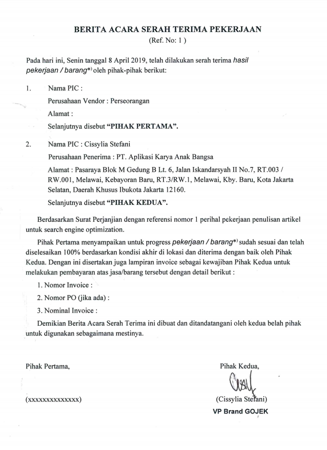 Contoh Surat Berita Acara Serah Terima Pekerjaan Resmi Cemiti