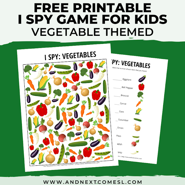 Free I spy game printable for kids: vegetable themed