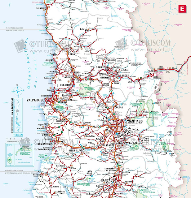Mapa da região de Valparaíso e área metropolitana de Santiago