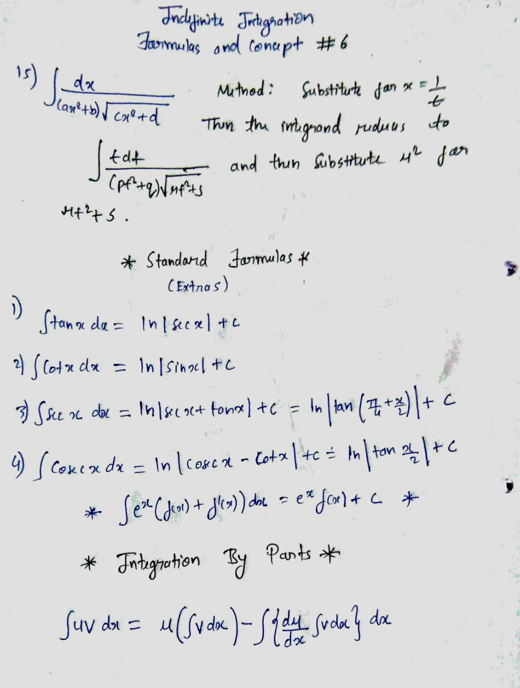 Indefinite Integration Formulas and Concepts