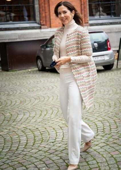 Crown Princess Mary wore a jimi clorfull tweed jacket by YDE, and a cream turtleneck sweater by Zara, and nude pointed toe pumps by Zara