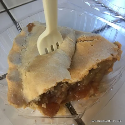 slice of apple pie stabbed with a fork at Mom's Apple Pie in Sebastopol, California