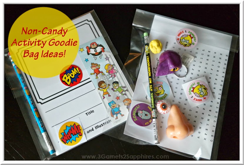 Non-Candy activity goodie bag ideas for classroom and party favors (plus free printable zombie word search)  |  www.3Garnets2Sapphires.com