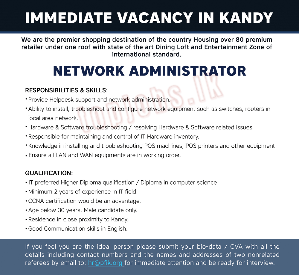 Network Administrater Vacancy in Kandy Jobsfree2020