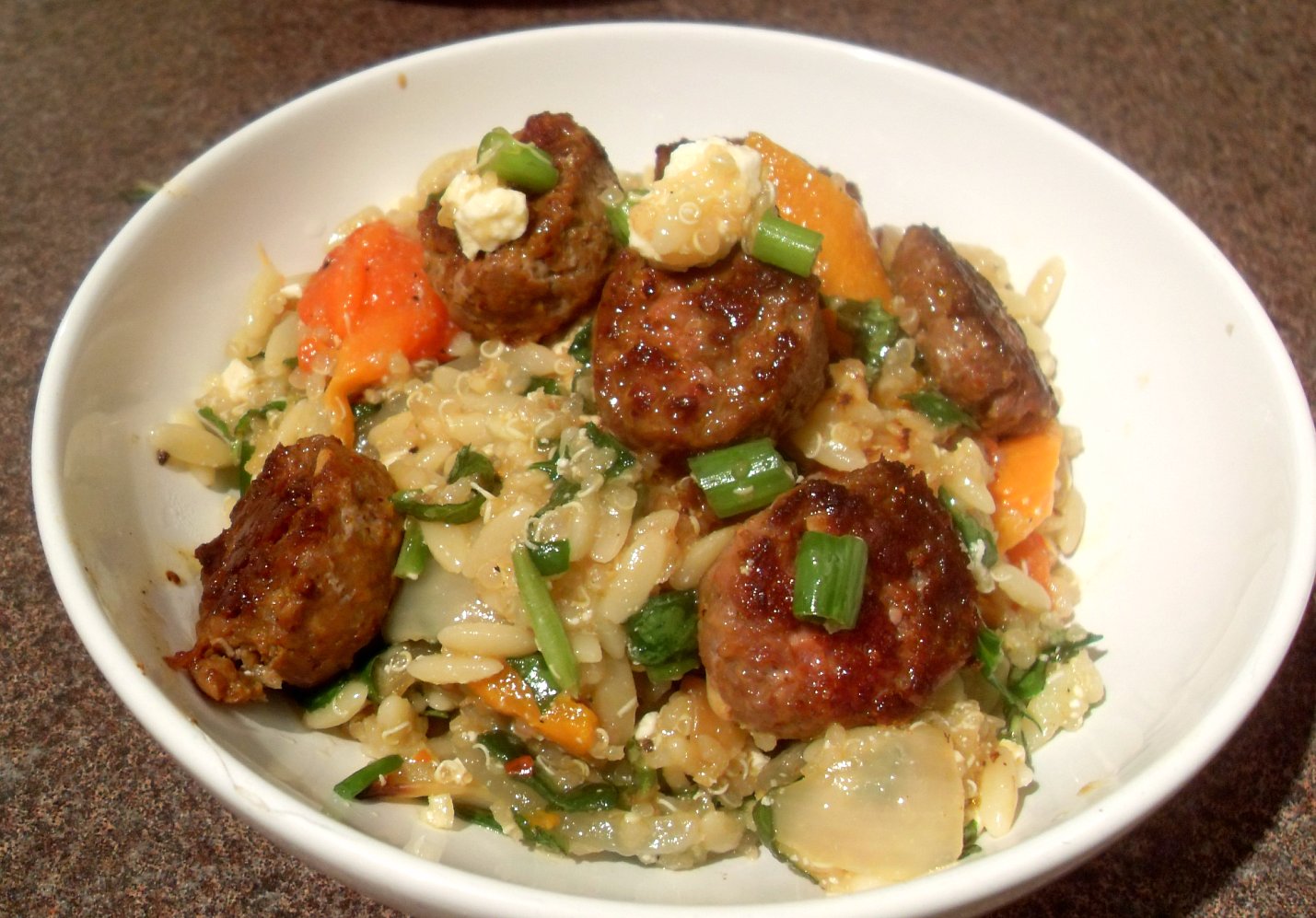 Laura's Apicius Lamb Chorizo Sausage over Orzo with Roasted Peppers