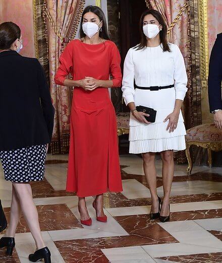 Queen Letizia wore a draped silk dress by Massimo Dutti. Carolina Herrera pumps and Aldo Jewelry earrings. María Juliana Ruiz