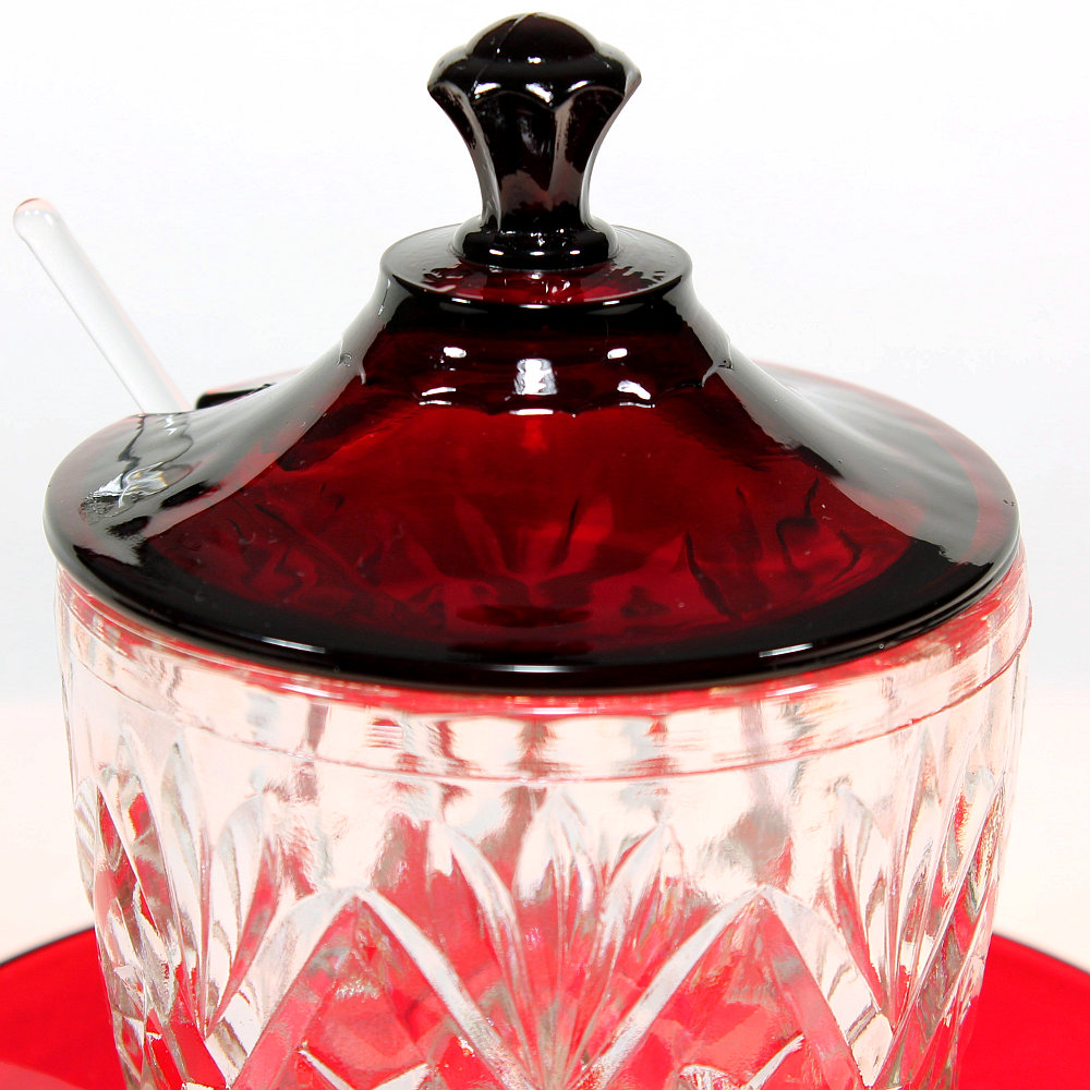 Zoe Designs Vintage Anchor Hocking Jelly Server with Ruby Red Lid and