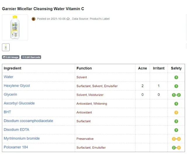 Garnier Micellar Cleansing Water Vitamin C Ingredients