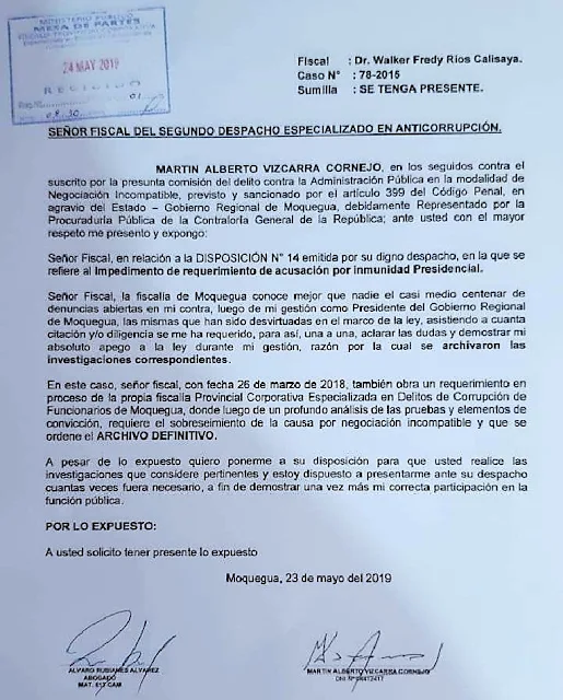 Martín Vizcarra, envió una carta al Ministerio Público de Moquegua