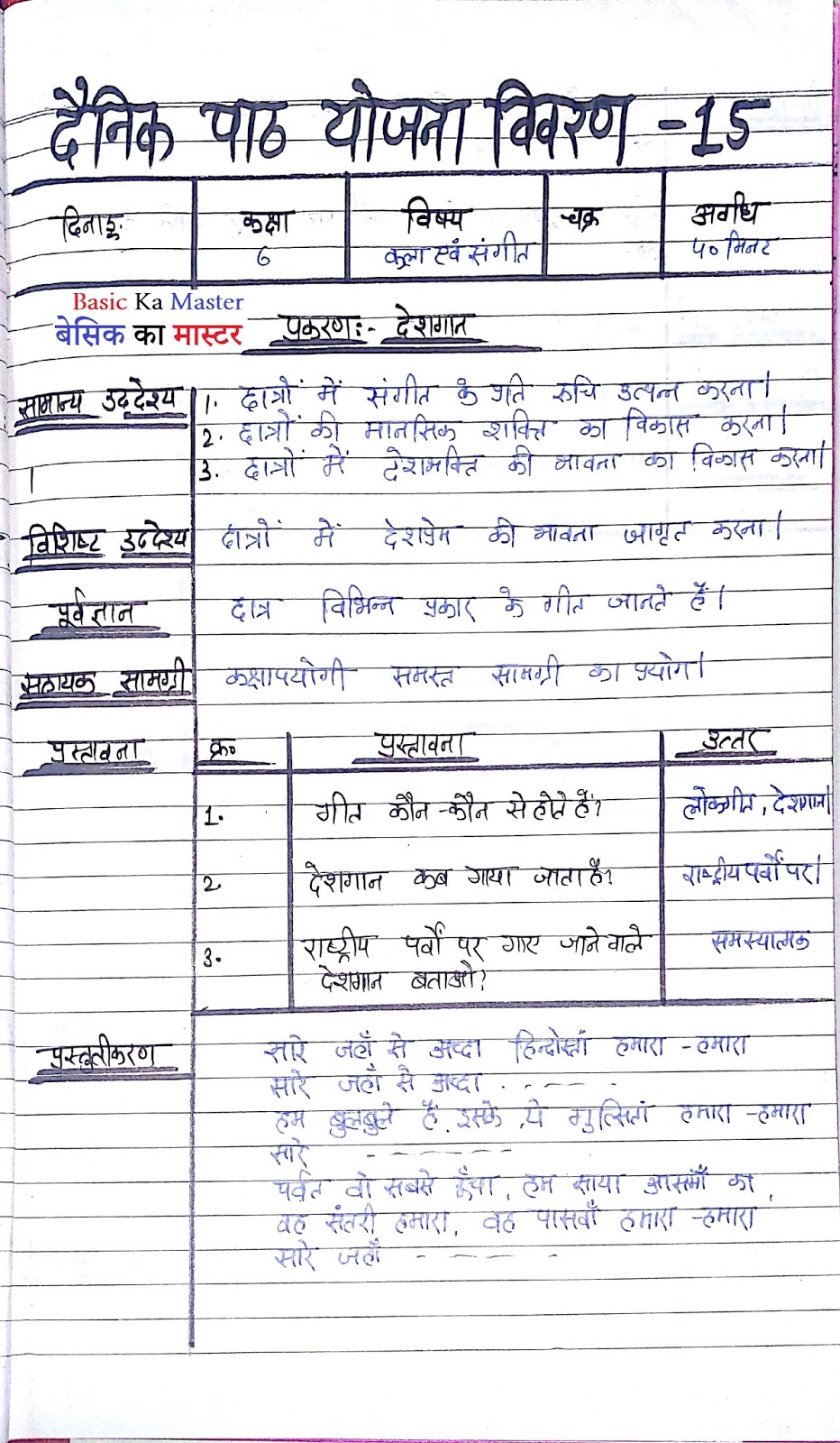 4th Sem lesson Plan15 Class 6 Art & Music Basic Ka Master