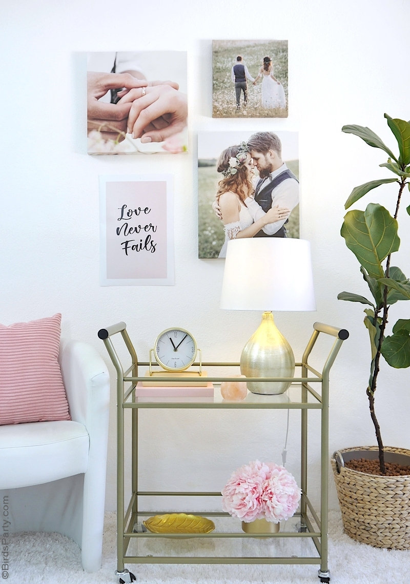 DIY Wedding Wall Gallery with FREE Printable Poster - instructions on how to easily create a wedding gallery wall wt home! | #WalmartPhoto #sponored content created by @BirdsParty for @wm_photo_center #wedding #gallerywall #diy #weddingcrafts #weddingdiy #diyweddingphotos #weddingphotos #weddingcanvas #weddingart #weddingdeco