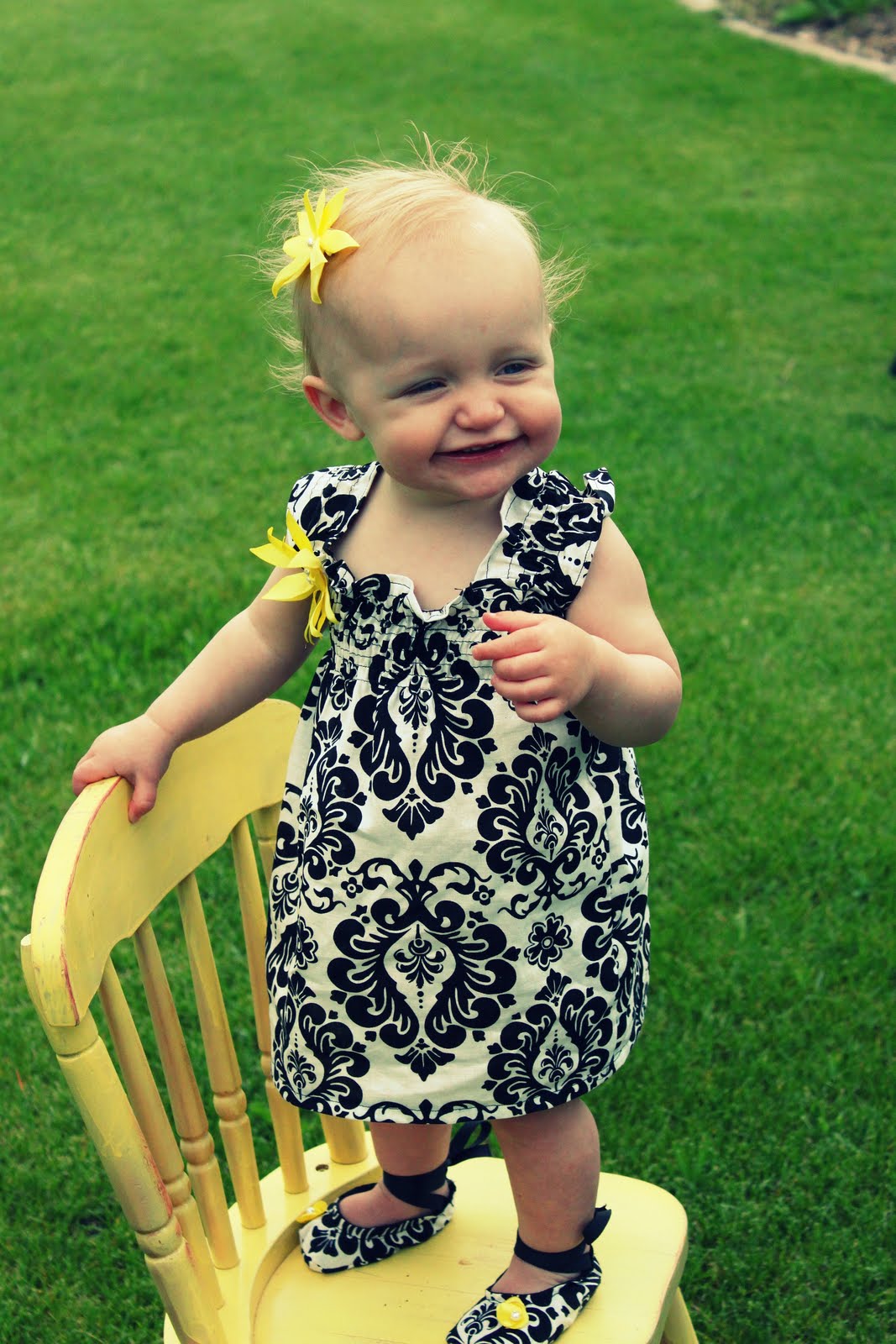 Designs by Shandi Black N White Damask Dress and Shoes with Yellow