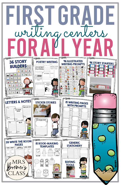 First Grade writing centers for the whole school year with templates, prompts, story starters, book-making, graphic organizers, and more.