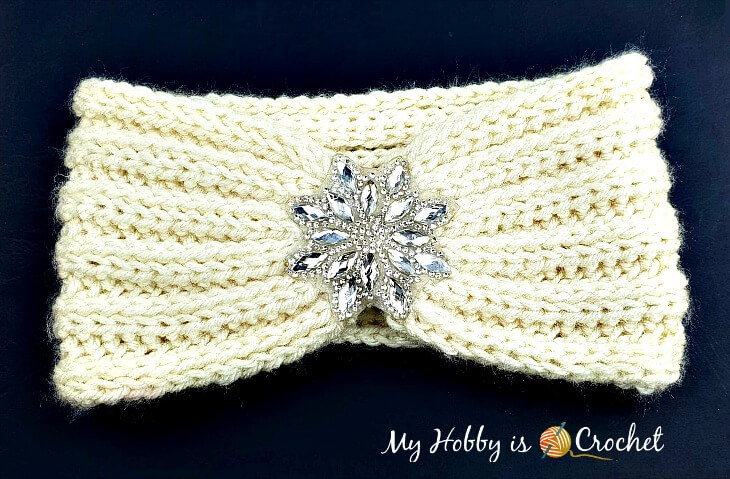 knit look crochet ear warmer with rhinestone applique