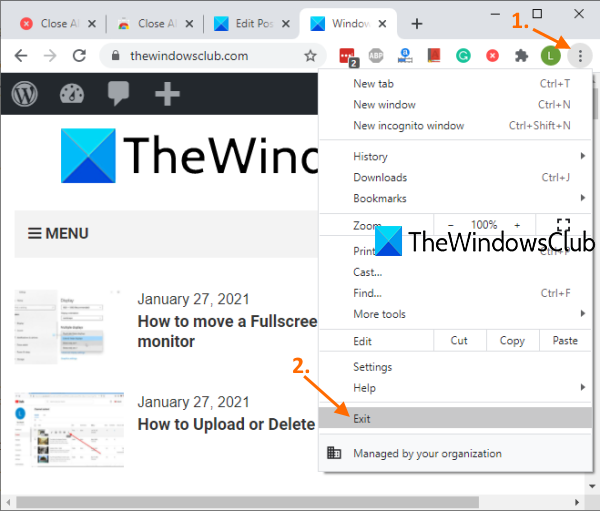 Cierre todas las ventanas abiertas del navegador a la vez en Chrome, Edge o Firefox