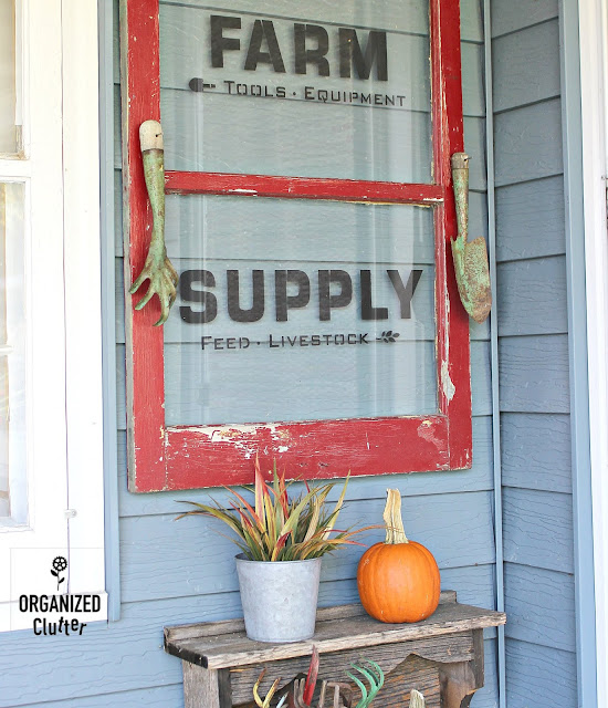A Farm Supply Window Sign & A Fall Covered Patio #farmhousestyle #farmhouse #outdoordecor #stencil #oldsignstencils #fall #autumn