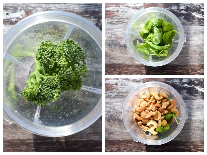 Making broccoli pesto - step 1 - broccoli, basil and nuts in a blender jug