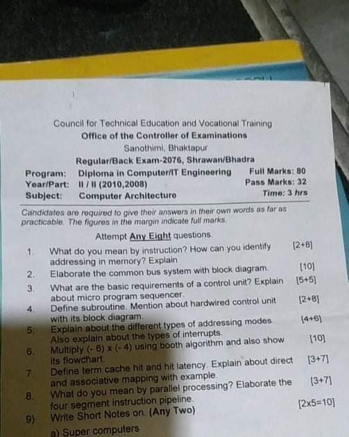Computer Architecture Question Paper of CTEVT DCOM of Nepal