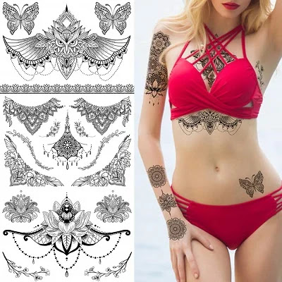 Black Mandara Underbo*ob Tattoo for Women, Flower Leaf Butterfly Dreamcatcher Designs Temporary Tattoo Body Art