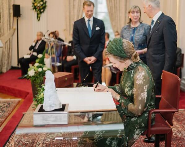 Queen Mathilde wore a floral print dress by Natan. Grand Duchess Maria Teresa. Princess Stephanie