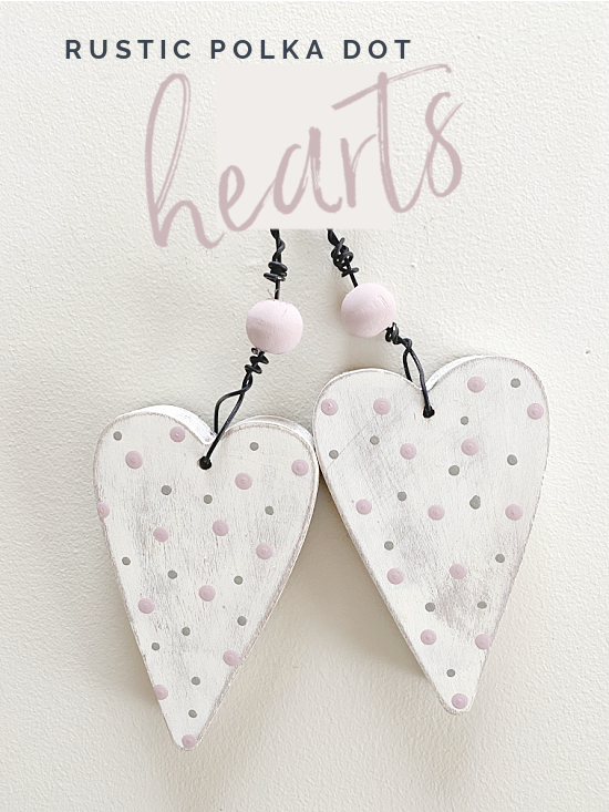 hanging hearts with polka dots and a wooden bead