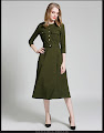 New 2016 Autumn Navy Green Front Double Pockets Flare Dress