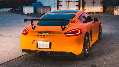 Porsche GT4, sports car, yellow car